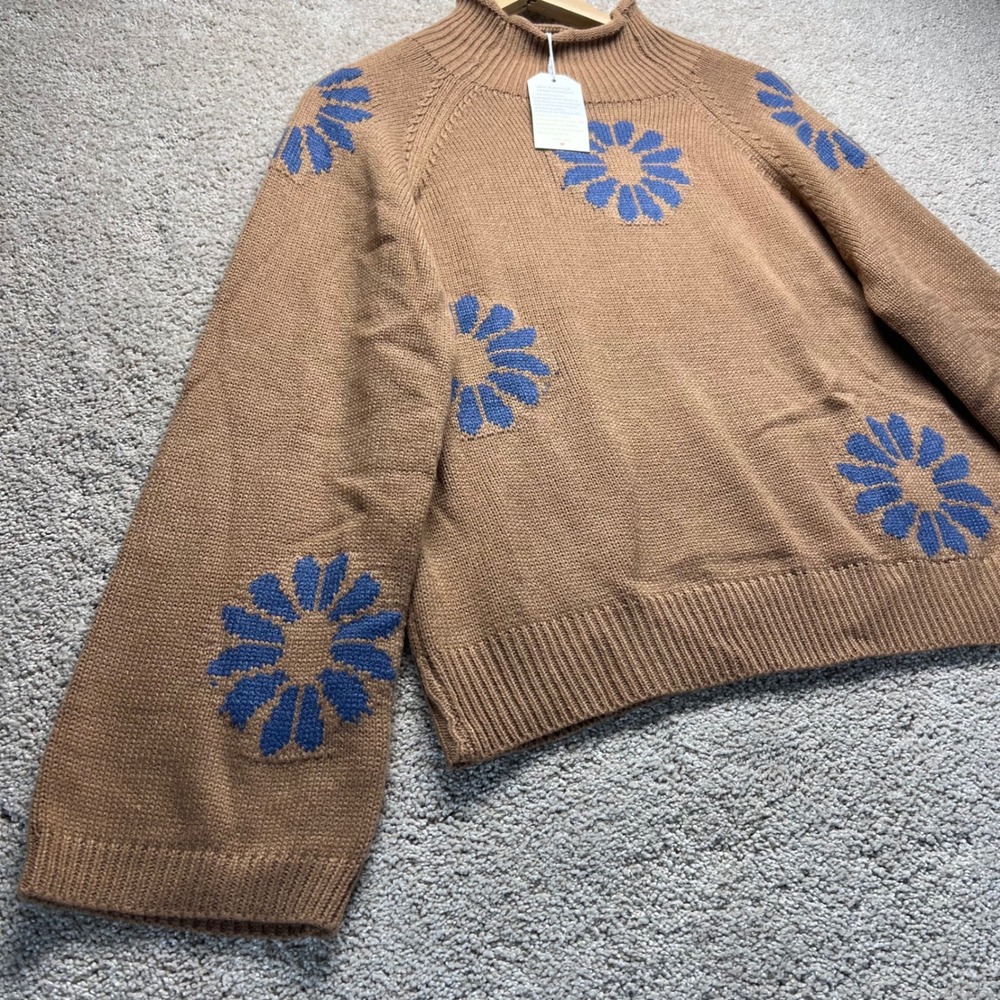 Brown Mock Neck Sweater Blue Floral Print‎ Long Sleeve Knit Boho Cottage Size S - Picture 8 of 10